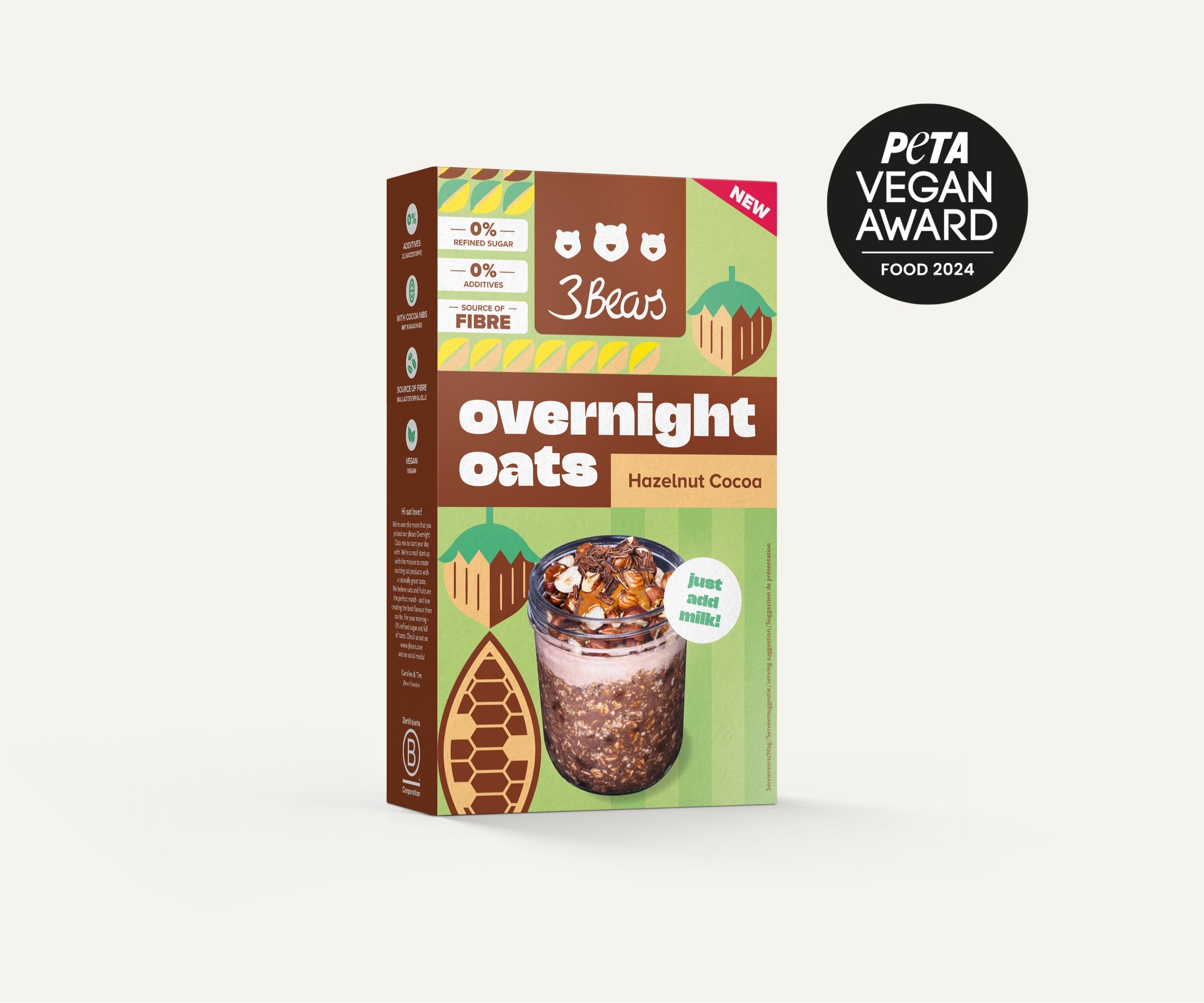 3Bears Overnight Oats - Hazelnut Cocoa, naturally sweet, no additives, and 100% vegan