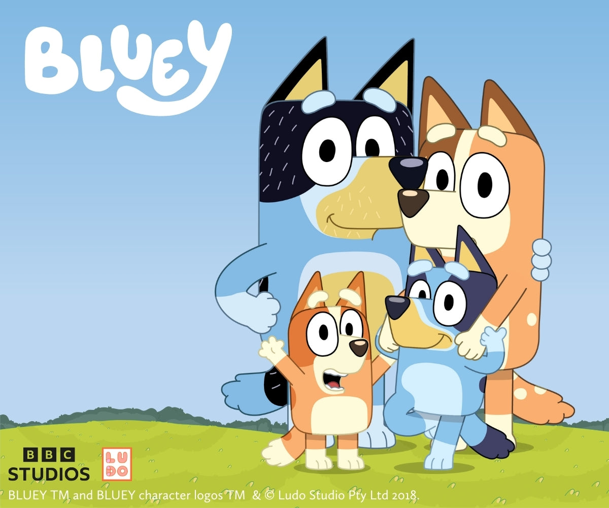 Bluey Familie mit Bluey, Bingo, Chilli und Bandit