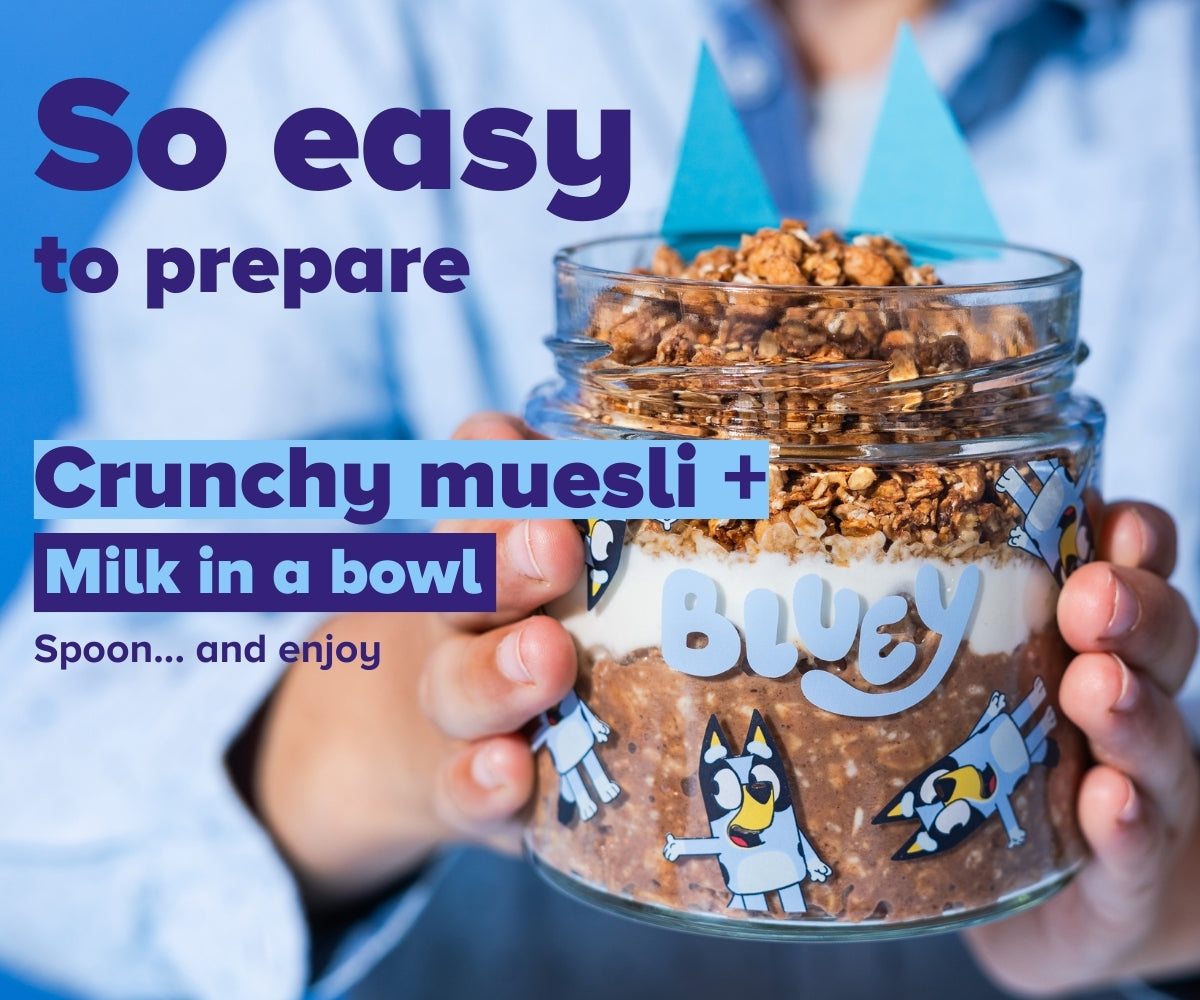 Easy preparation: add crunchy muesli + milk to a bowl, spoon and enjoy