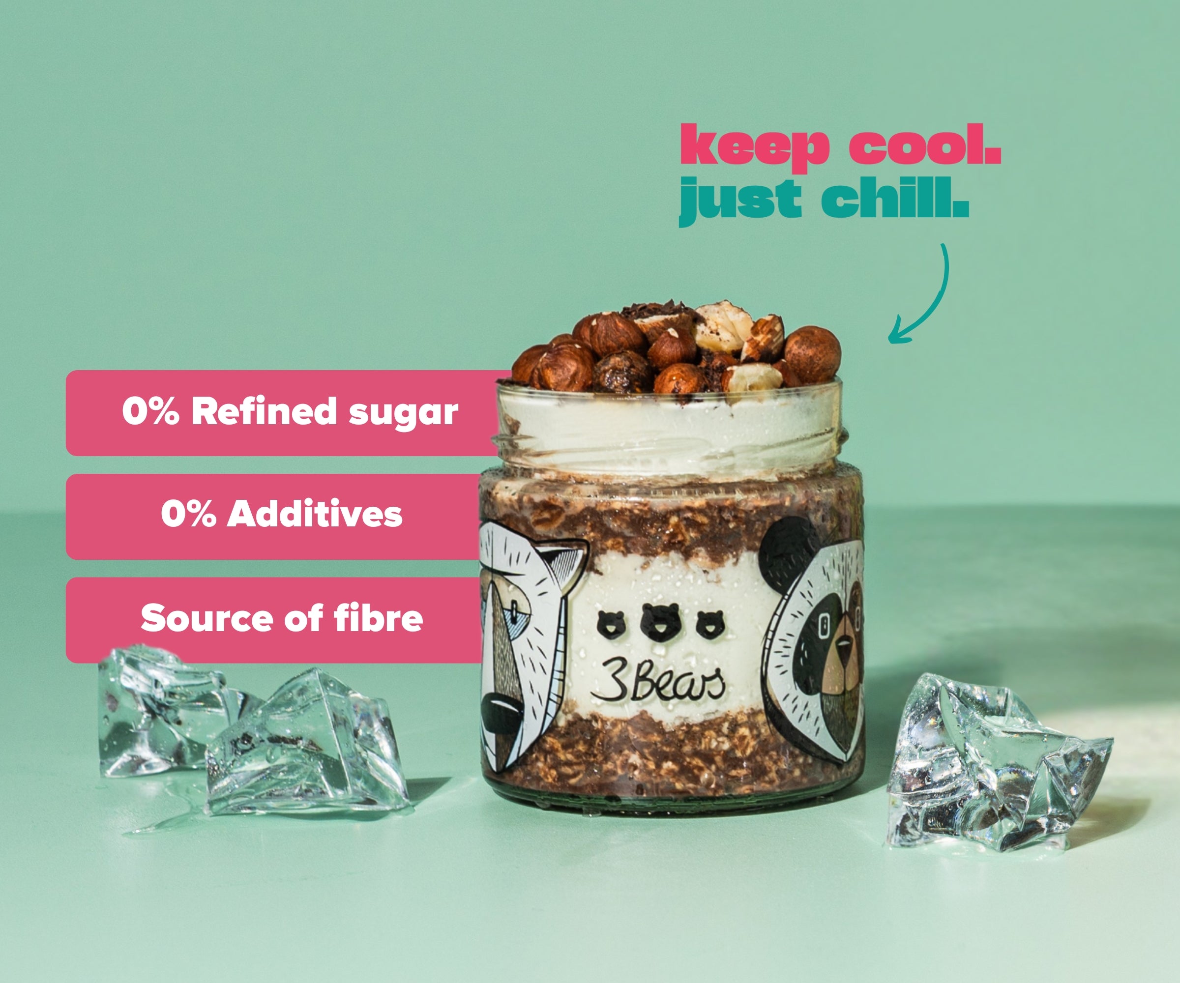 3Bears Overnight Oats - Hazelnut Cocoa, 0% refined sugar and additives, source of fibre 